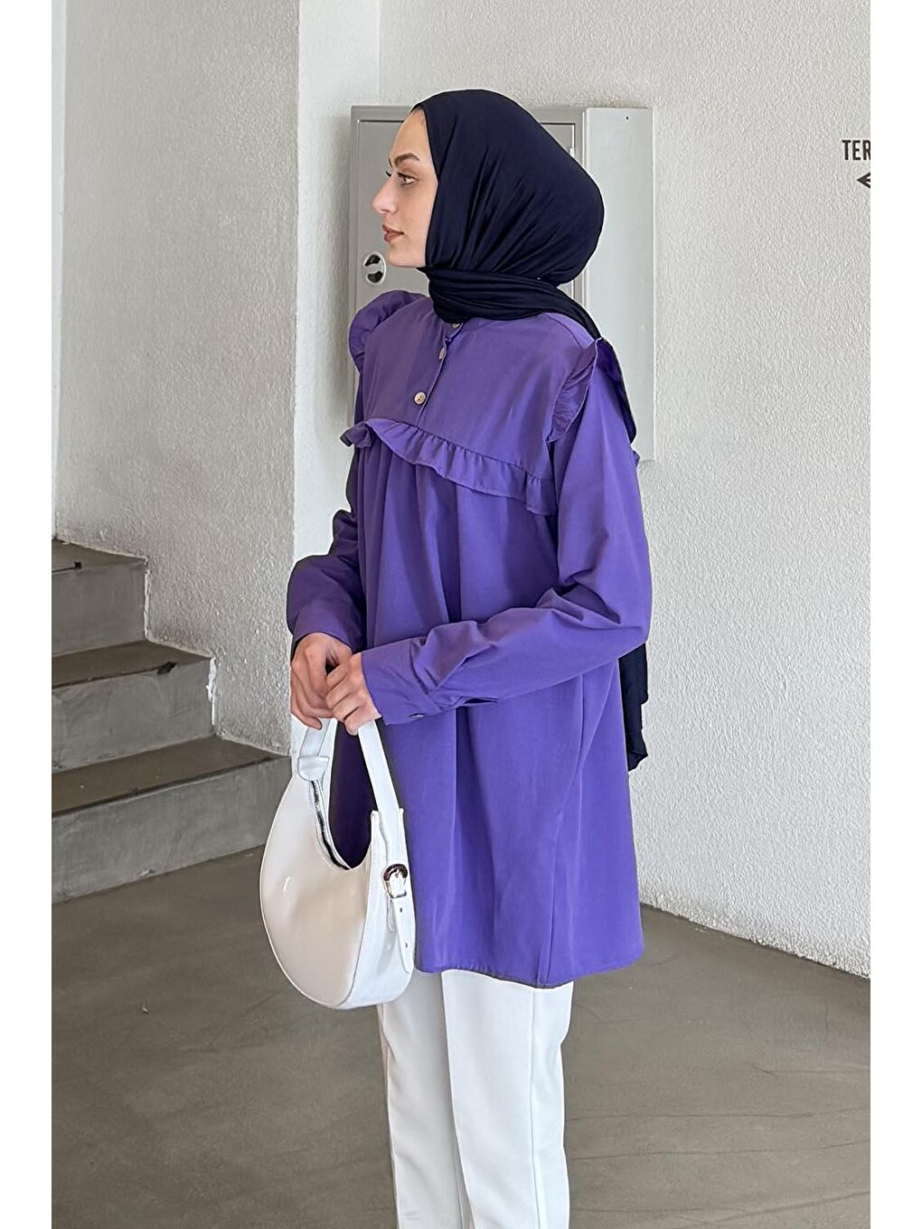 Hakim Yaka Önü Pileli Tunik Mor-1