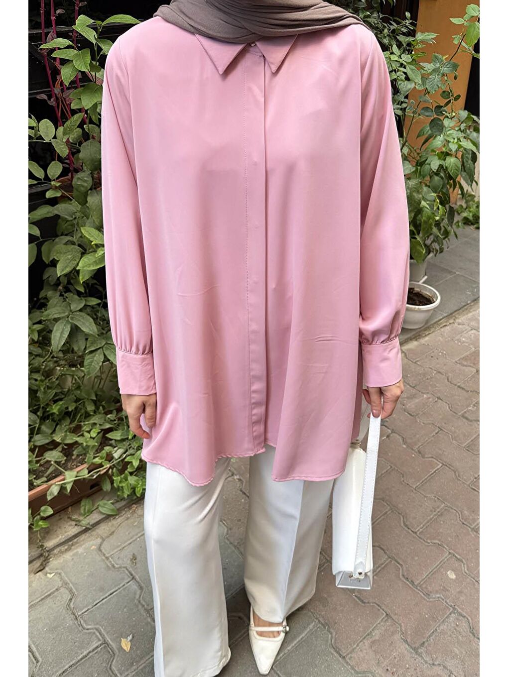 Gizli Düğme Detaylı Tesettür Tunik Pembe-2
