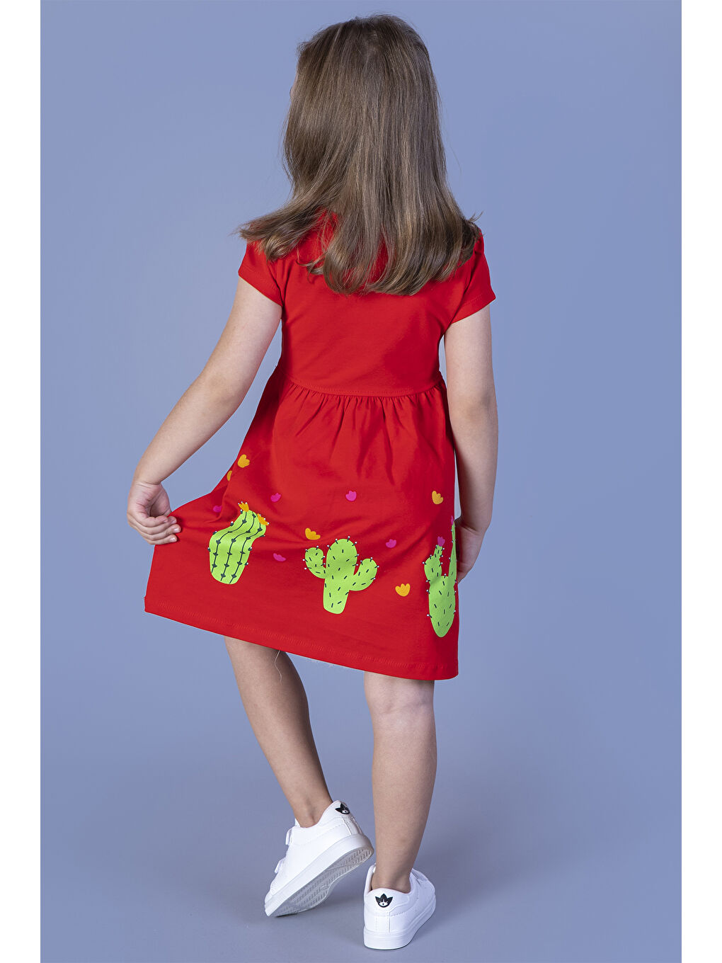 Kırmızı Kız Çocuk Kaktüs Baskılı Büzgülü Elbise-1