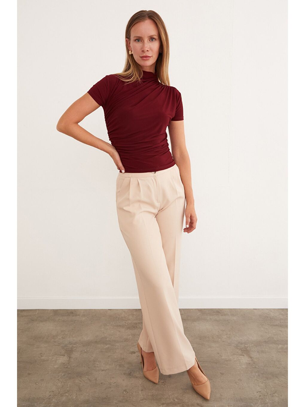 Bordo Drapeli Dik Yaka Bluz-1