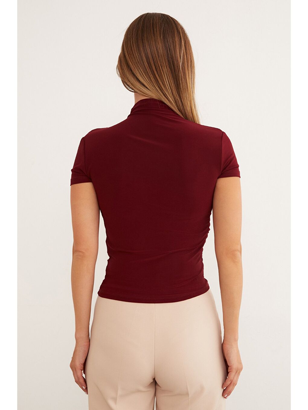 Bordo Drapeli Dik Yaka Bluz-3