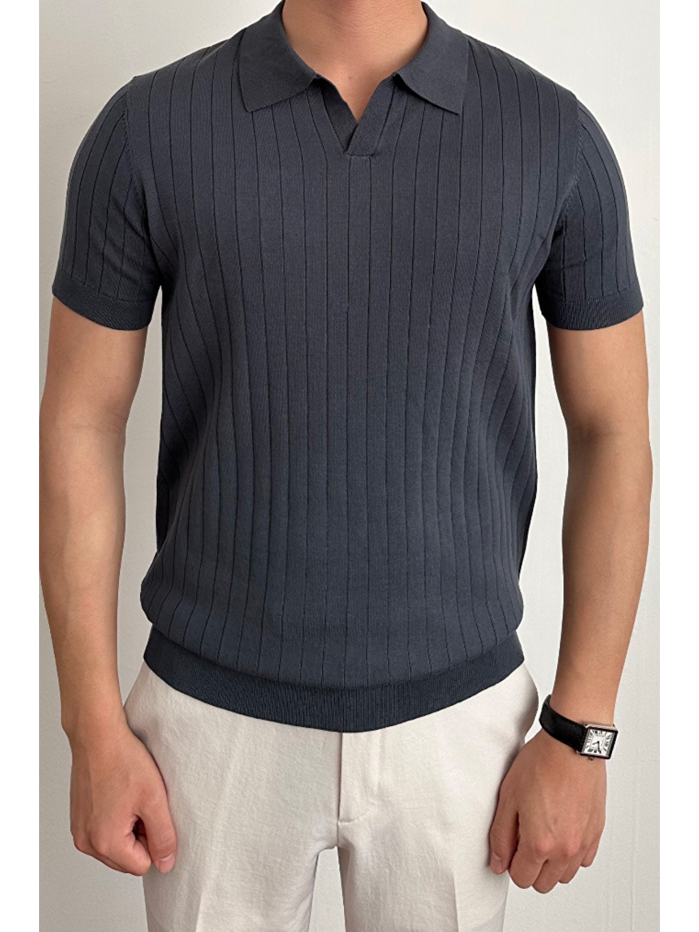 Gri Erkek Füme Slim Fit Fitilli Polo Yaka Triko T-Shirt-1