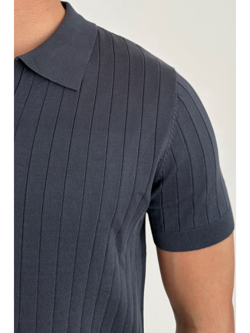 Gri Erkek Füme Slim Fit Fitilli Polo Yaka Triko T-Shirt-2