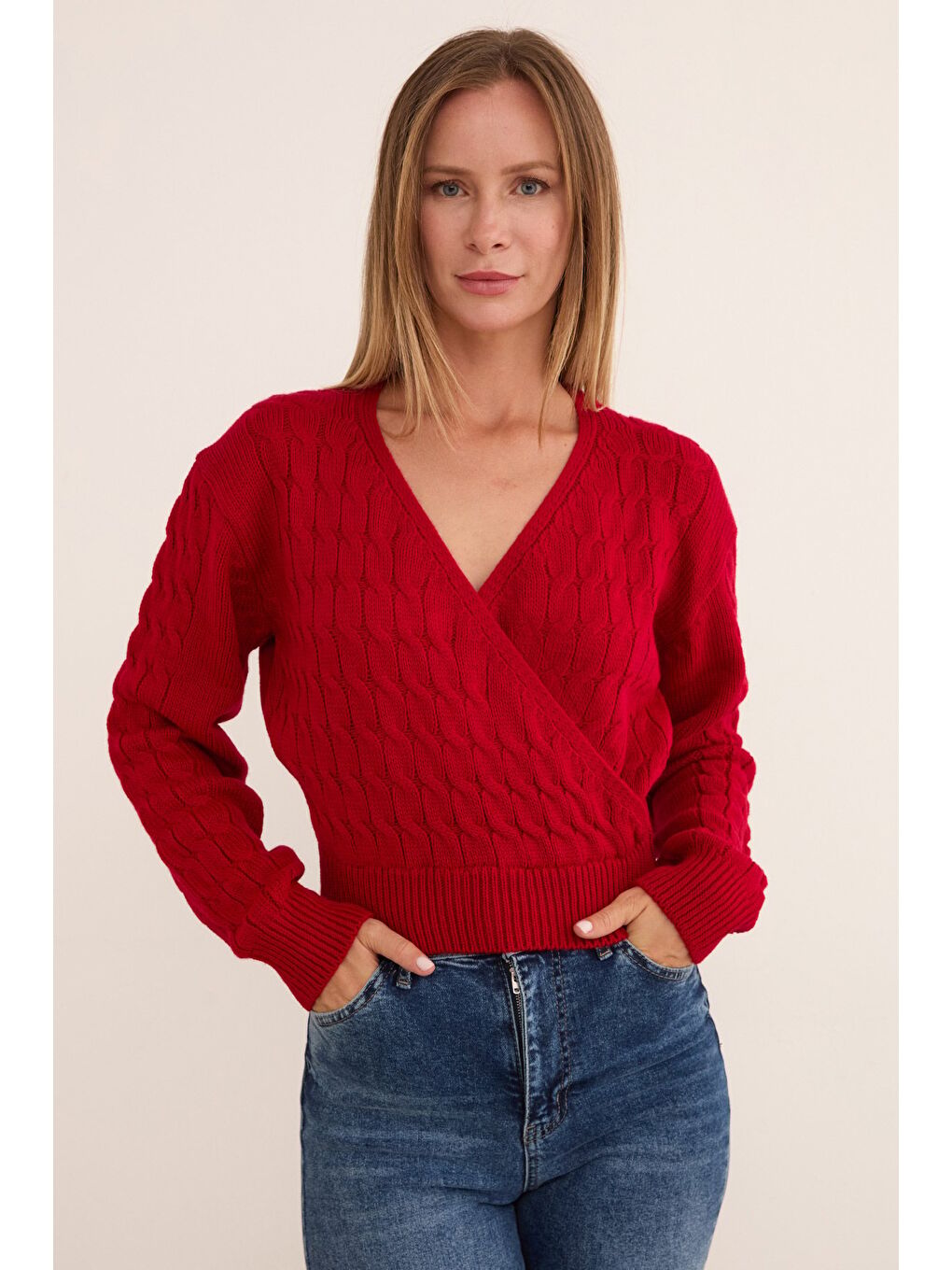 Kırmızı Saç Örgüsü Desenli Kruvaze Yaka Triko Kazak-2