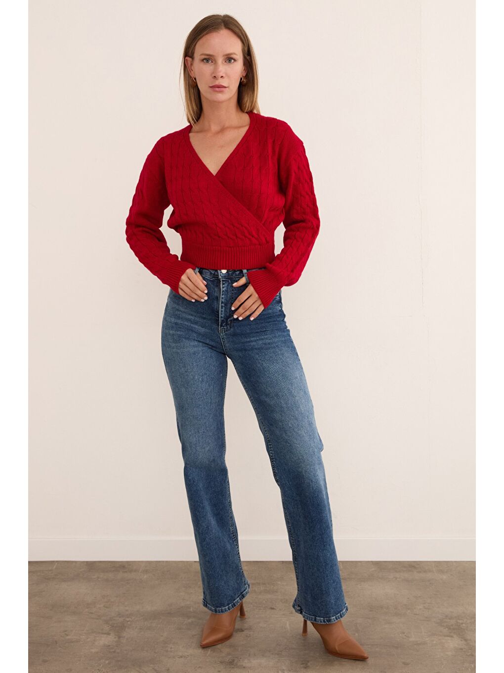 Kırmızı Saç Örgüsü Desenli Kruvaze Yaka Triko Kazak-3