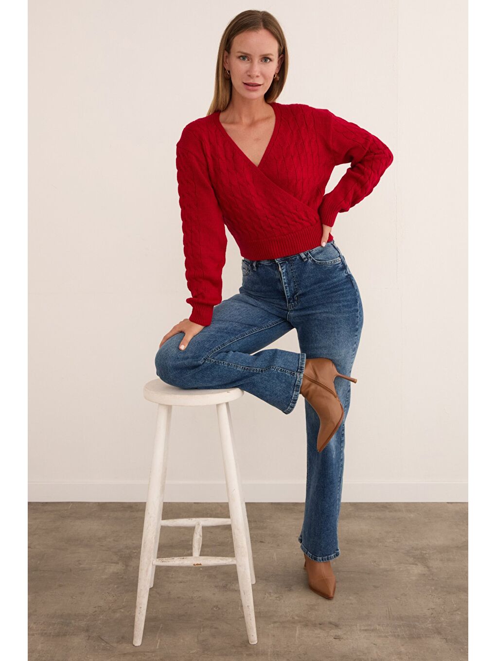 Kırmızı Saç Örgüsü Desenli Kruvaze Yaka Triko Kazak-4