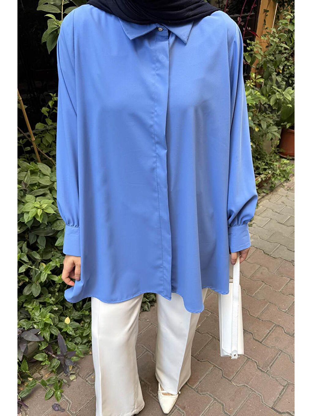 Gizli Düğme Detaylı Tesettür Tunik İndigo-2