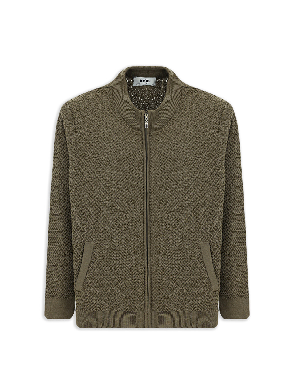 Kahverengi Slim Fit Dar Kesim Desenli Fermuarlı Pamuklu Triko Hırka-6