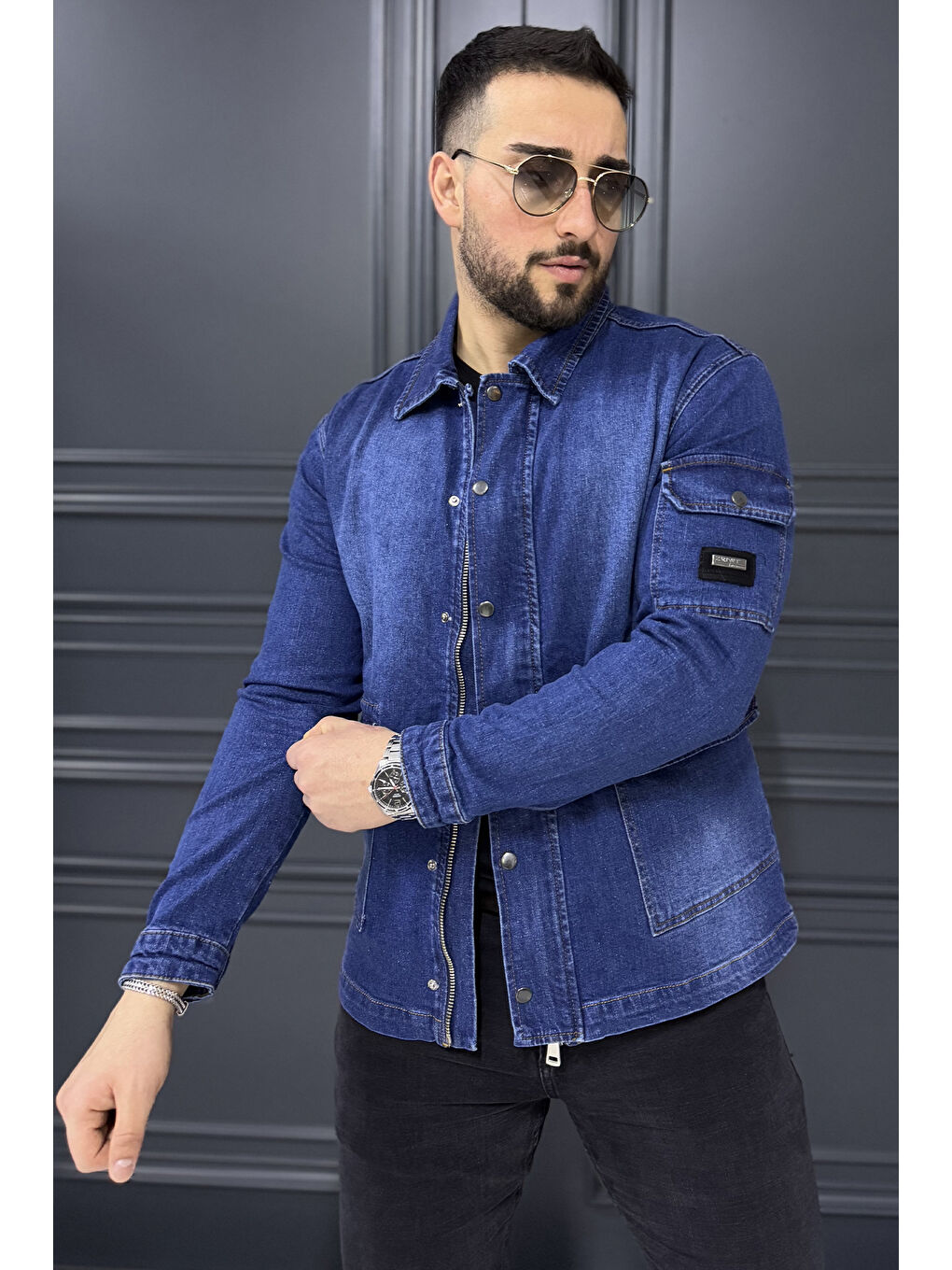 Mavi Fermuarlı Çıtçıt Detaylı Erkek Jean Ceket