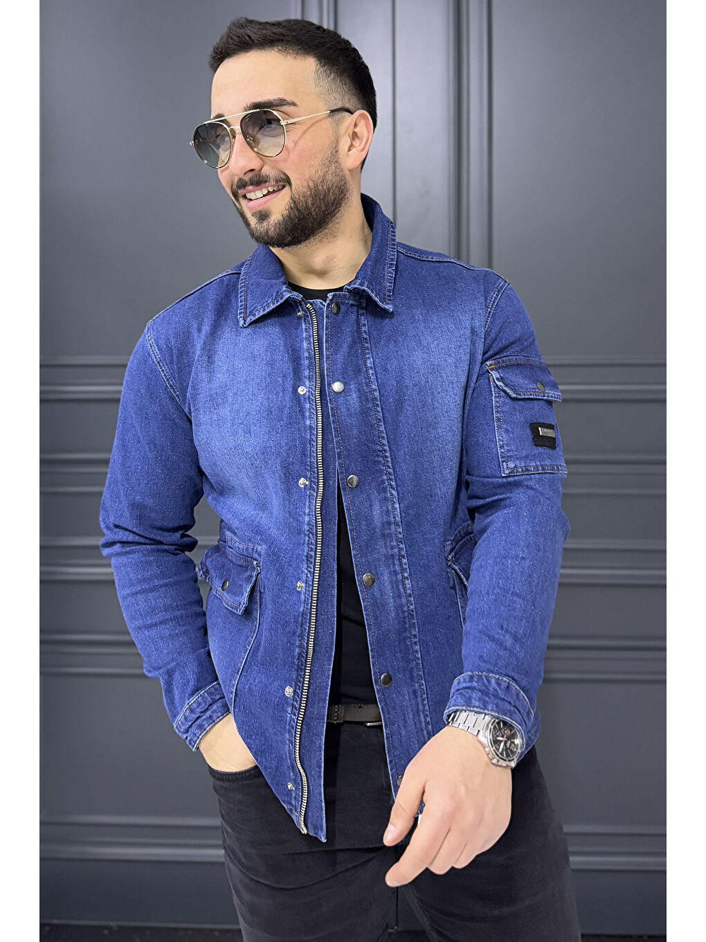Mavi Fermuarlı Çıtçıt Detaylı Erkek Jean Ceket-1
