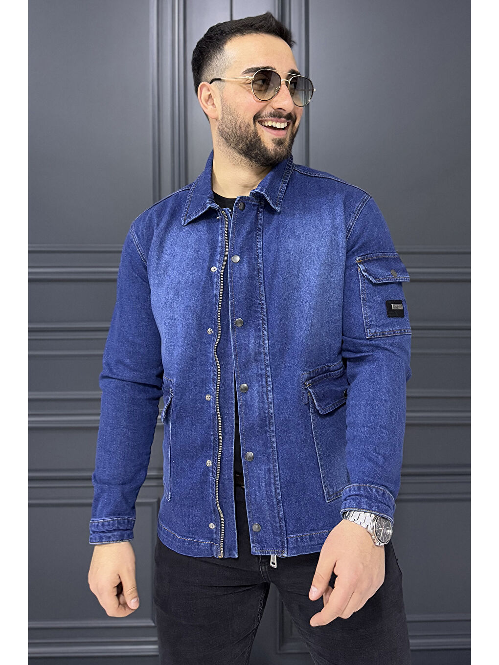 Mavi Fermuarlı Çıtçıt Detaylı Erkek Jean Ceket-2