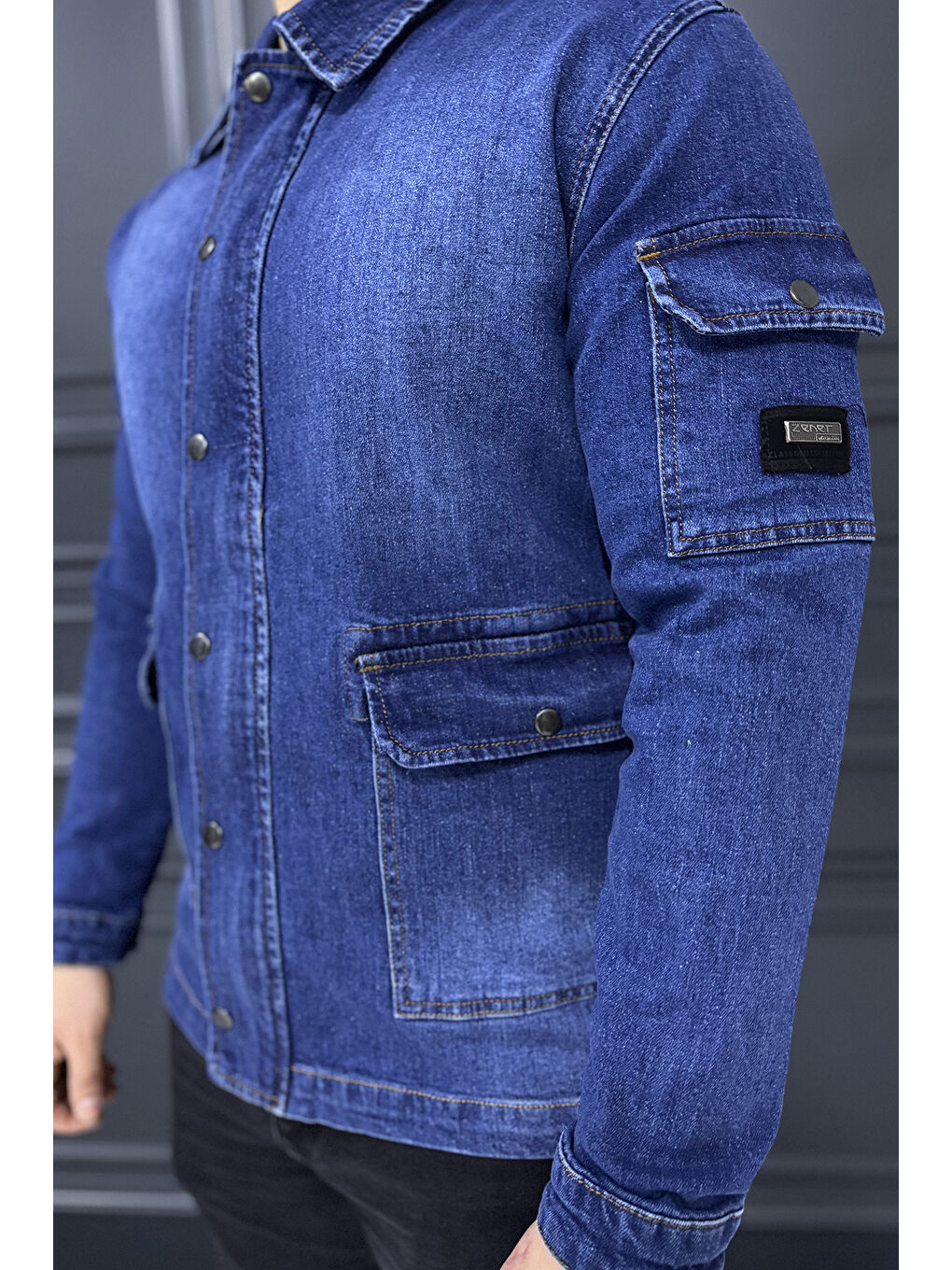 Mavi Fermuarlı Çıtçıt Detaylı Erkek Jean Ceket-3