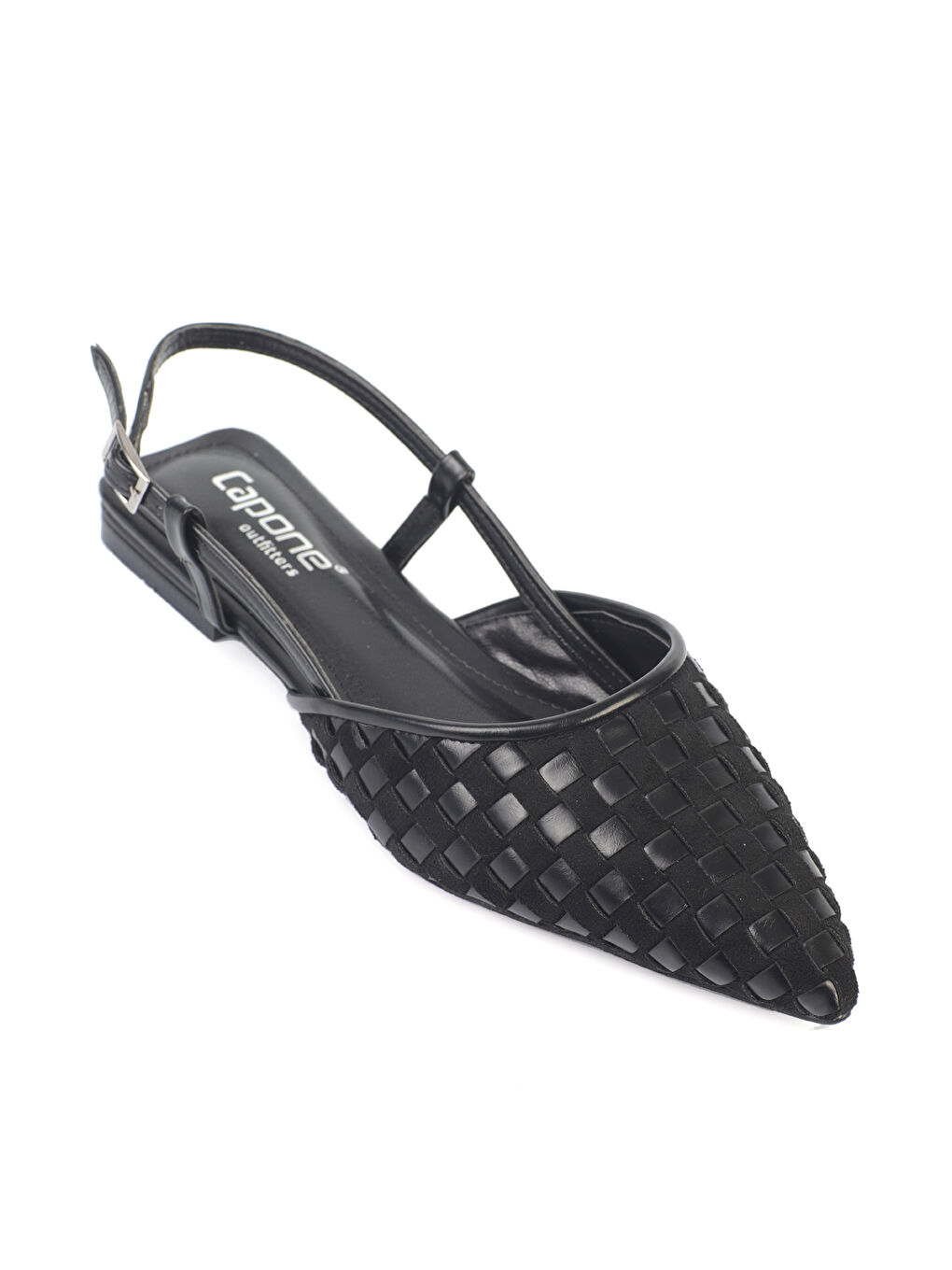 Siyah Kay Sivri Burunlu Süet Görünümlü Örgü Arkası Bantlı Kadın Babet