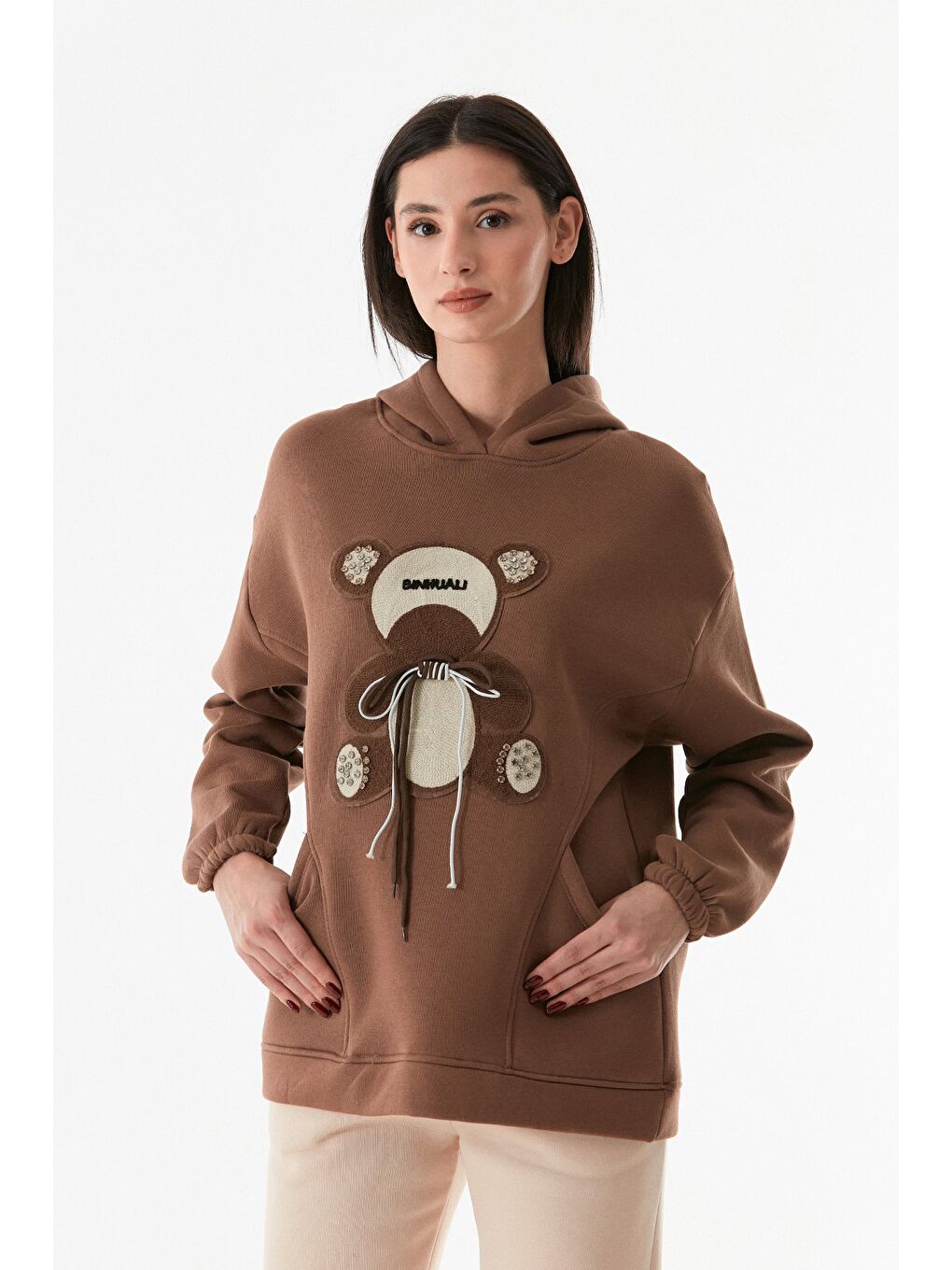 Kahverengi 3 İplik Ayıcık Nakışlı Kapüşonlu Sweatshirt-4