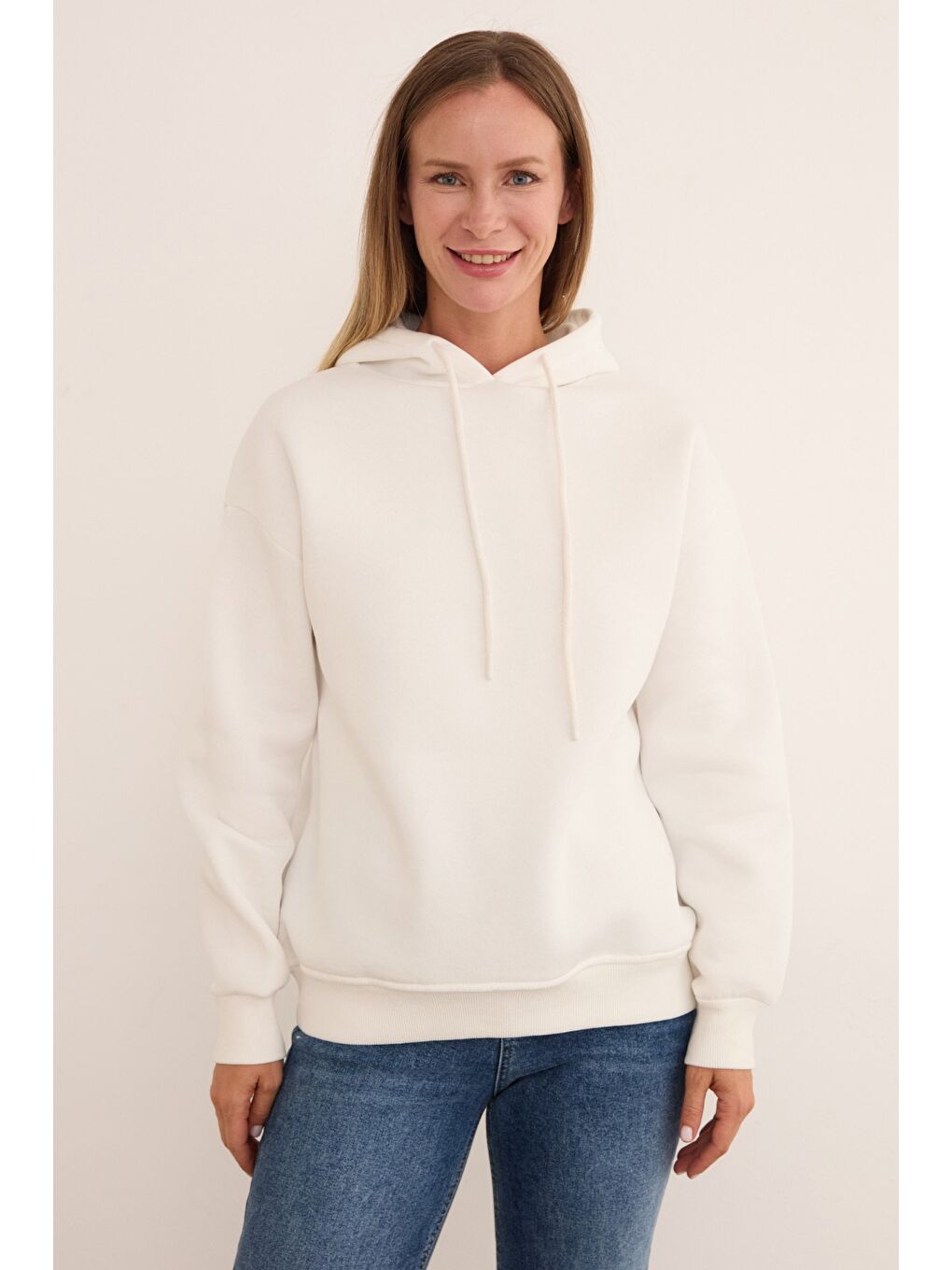 Ekru 3 İplik Basic Oversize Kapüşonlu Sweatshirt-2