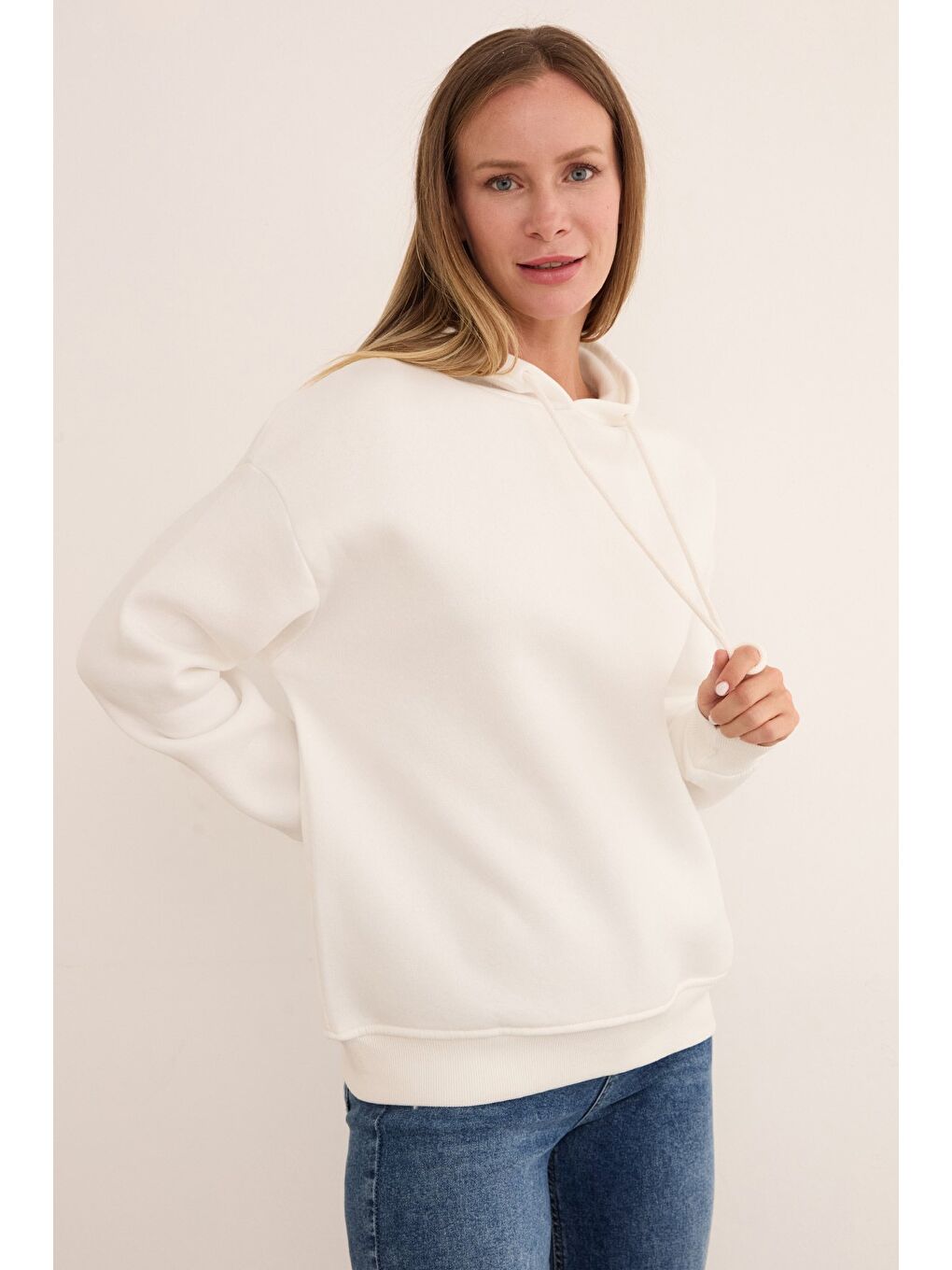 Ekru 3 İplik Basic Oversize Kapüşonlu Sweatshirt-3