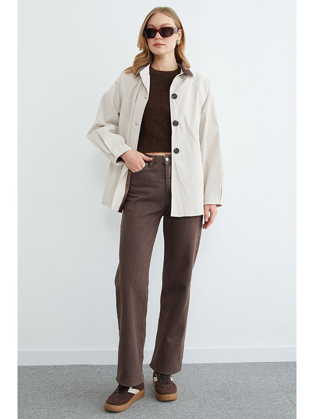 Bej Ekose Detaylı Düğmeli Trençkot-2