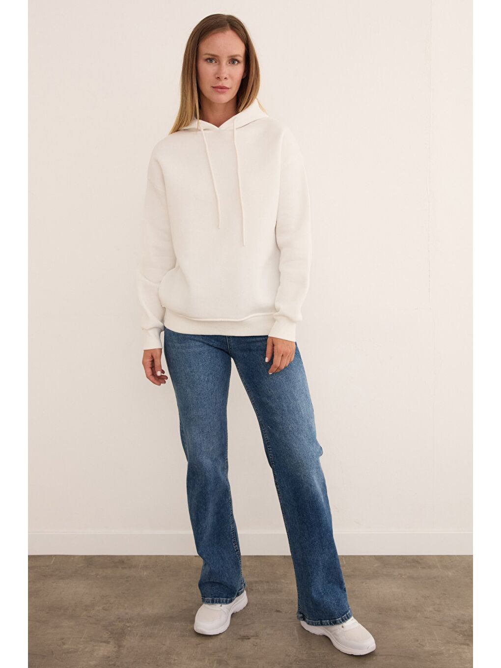 Ekru 3 İplik Basic Oversize Kapüşonlu Sweatshirt-4