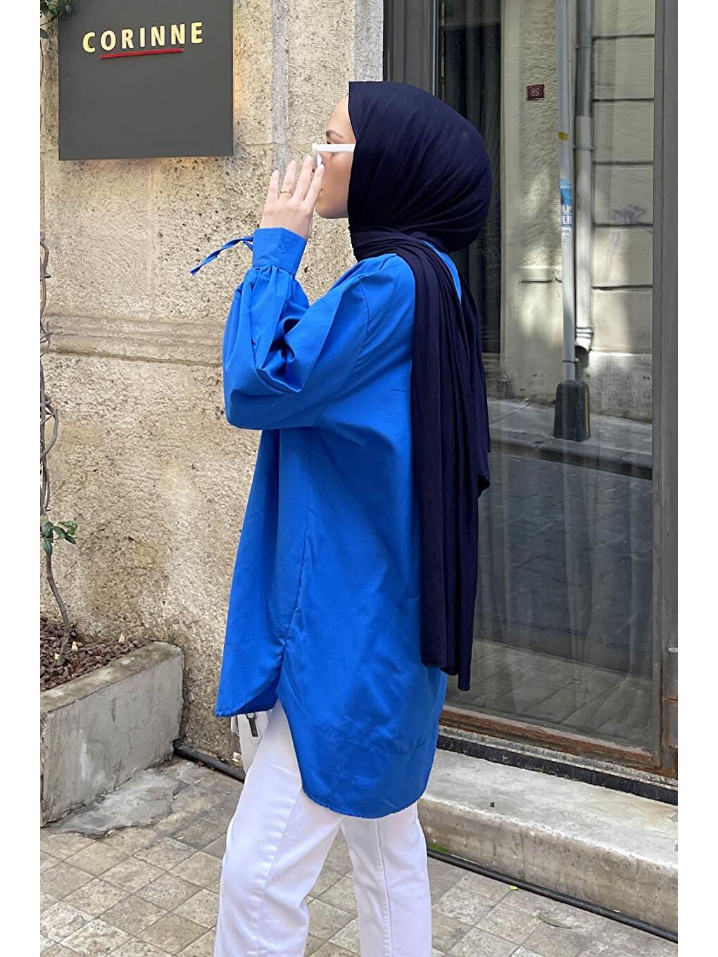 Manşeti Biyeli Tunik Saks Mavisi-1