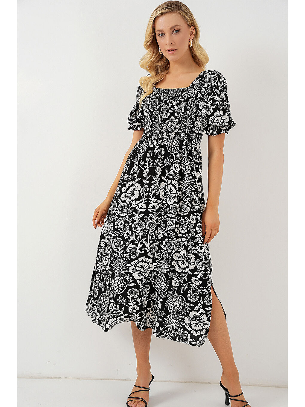 2512 Desenli Yırtmaçlı Elbise - D. Siyah-2