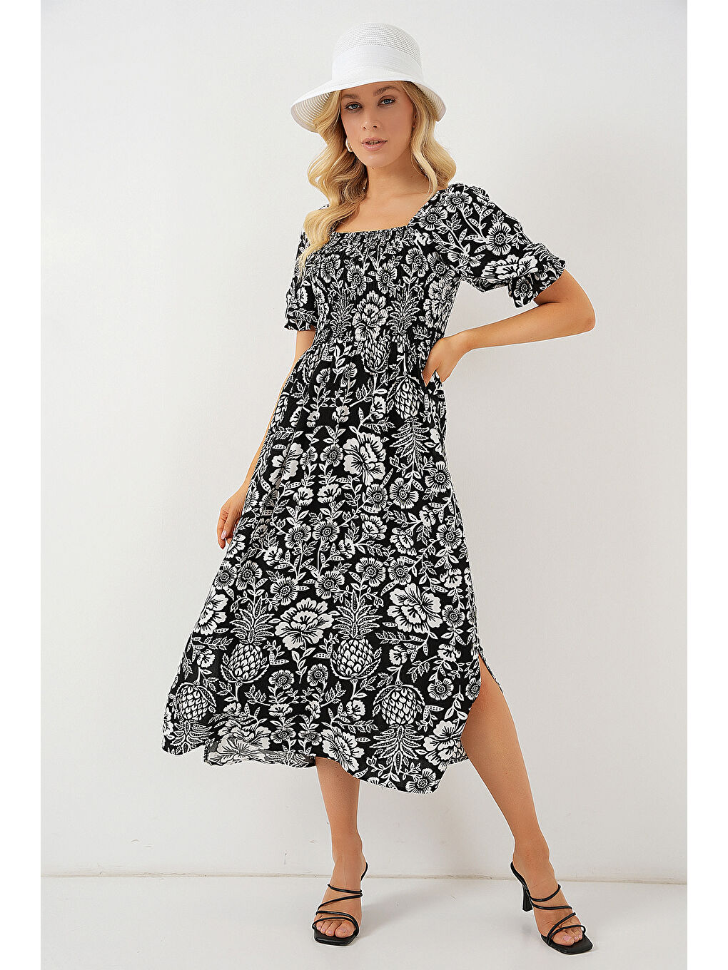 2512 Desenli Yırtmaçlı Elbise - D. Siyah-3