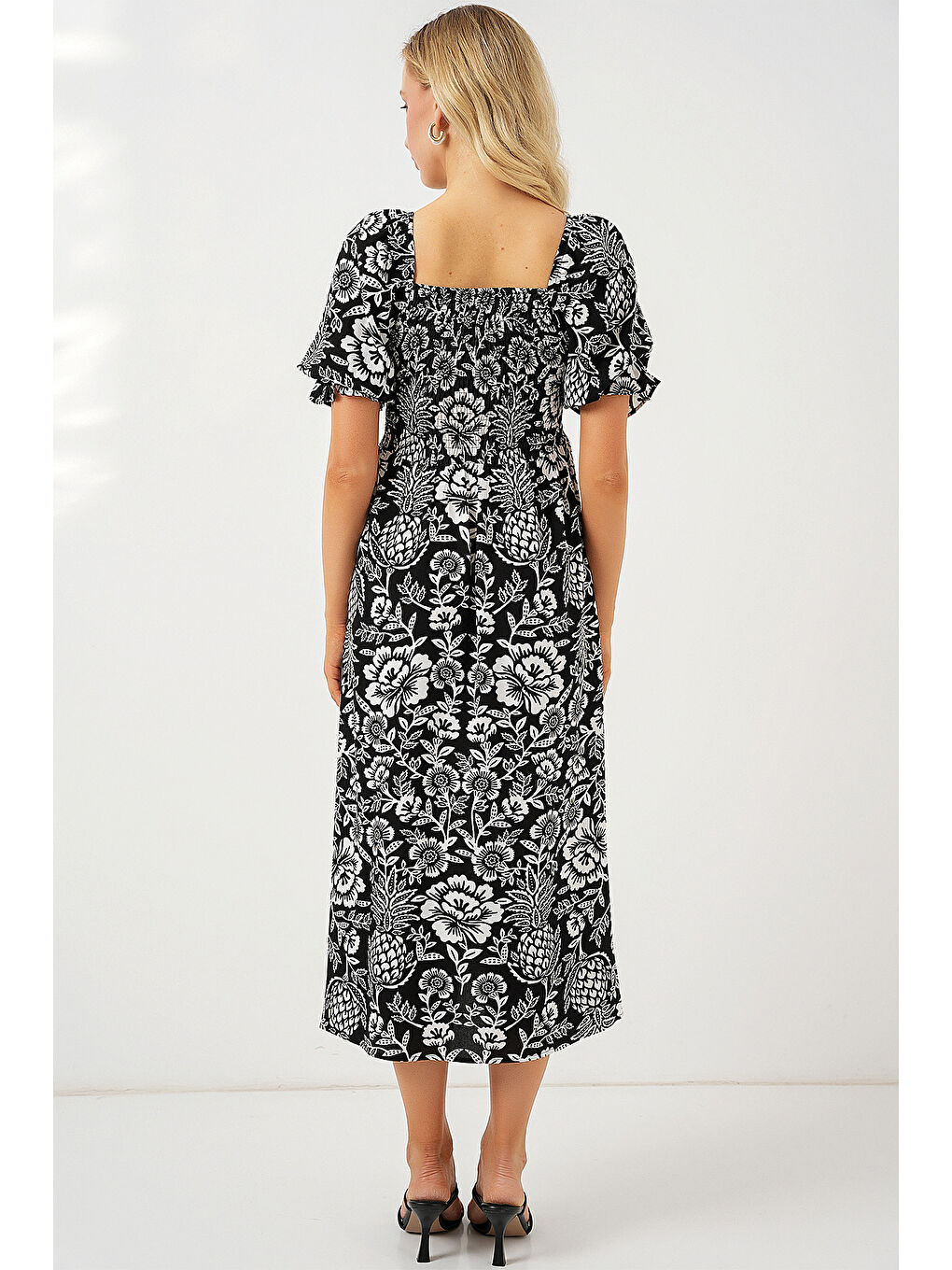 2512 Desenli Yırtmaçlı Elbise - D. Siyah-5