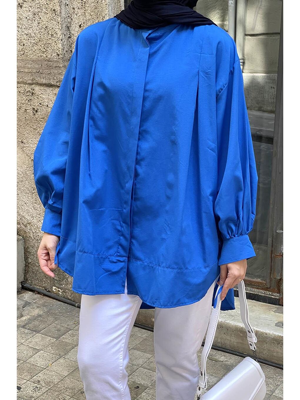 Manşeti Biyeli Tunik Saks Mavisi-3