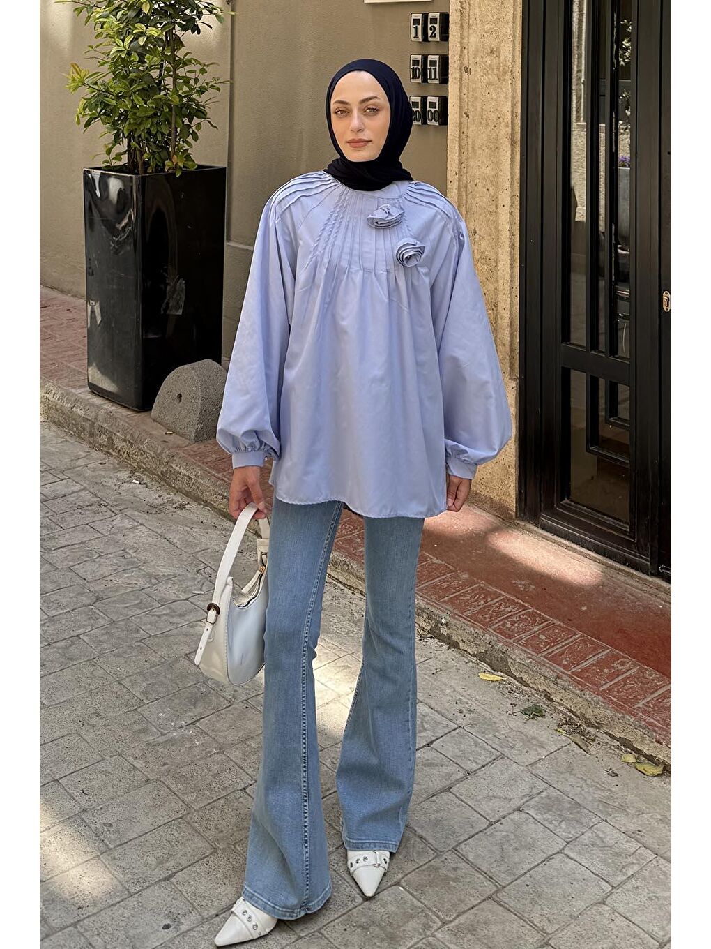 Çiçek Detaylı Nervür Bluz Bebe Mavisi