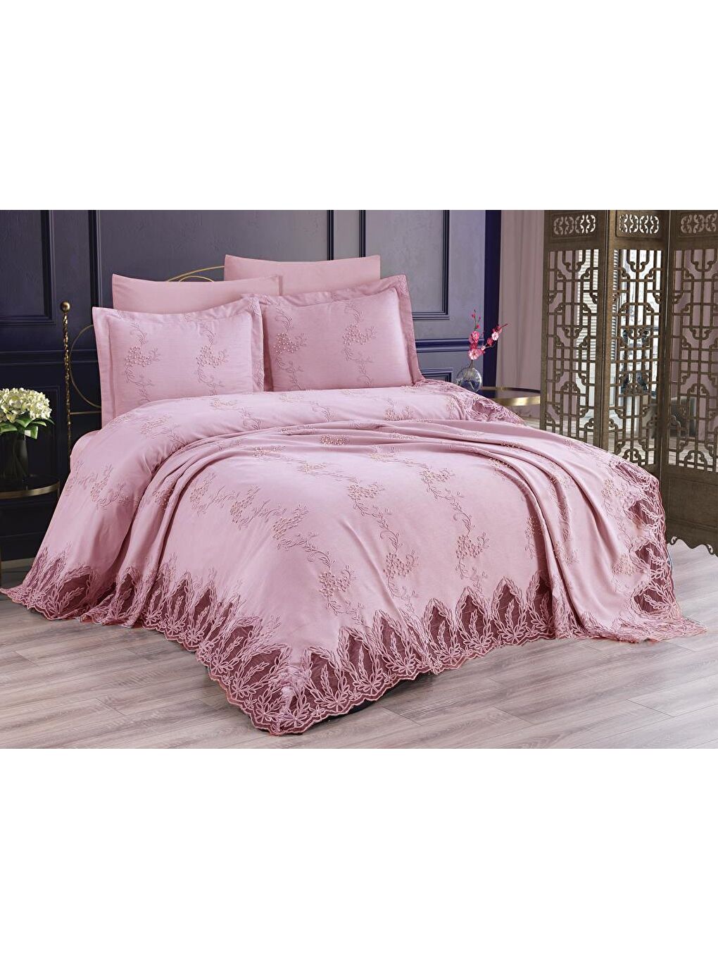 Pembe Çeyizdiyarı Palermo 6 Parça Şönil Pike Takımı Pudra