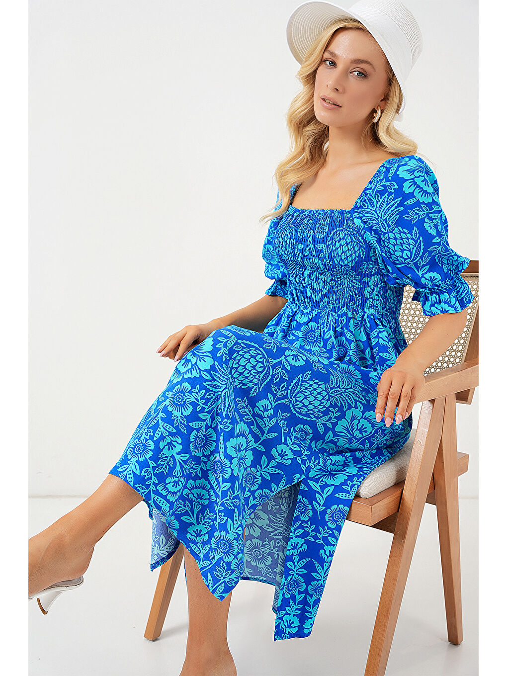 2512 Desenli Yırtmaçlı Elbise - Mavi-1