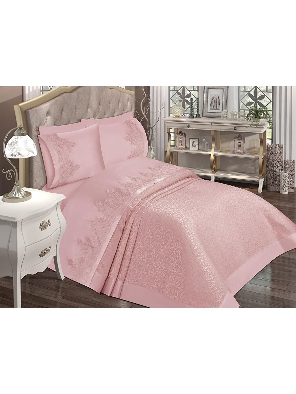 Pembe Çeyizdiyarı Paris 6 Parça Şönil Pike Takımı Pudra