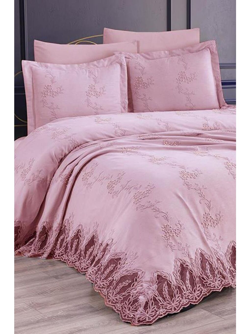 Pembe Çeyizdiyarı Palermo 6 Parça Şönil Pike Takımı Pudra-1