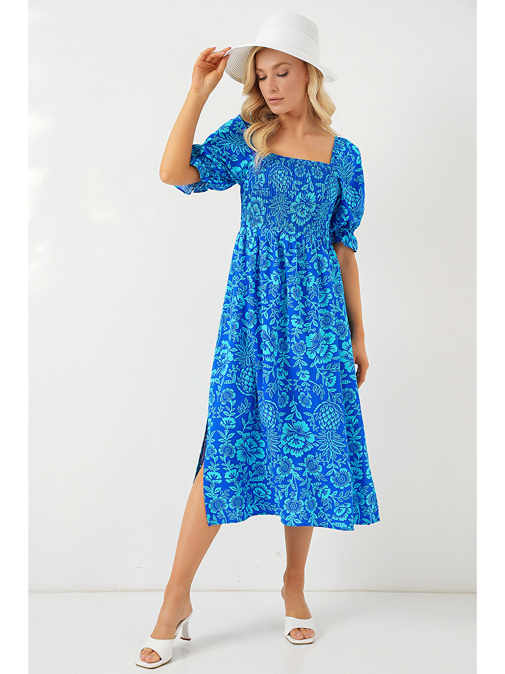 2512 Desenli Yırtmaçlı Elbise - Mavi-2