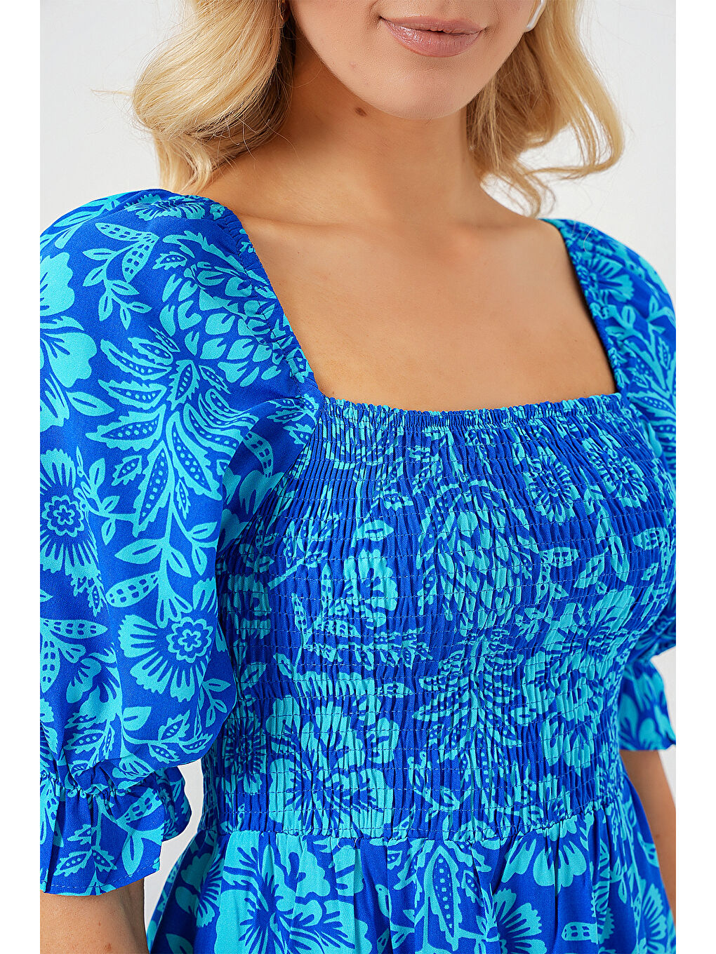 2512 Desenli Yırtmaçlı Elbise - Mavi-4