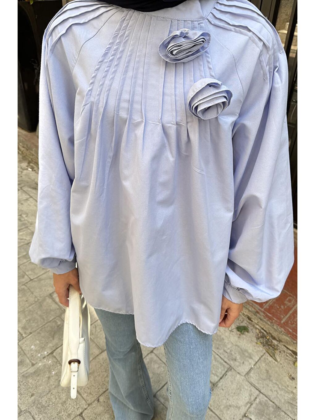 Çiçek Detaylı Nervür Bluz Bebe Mavisi-3