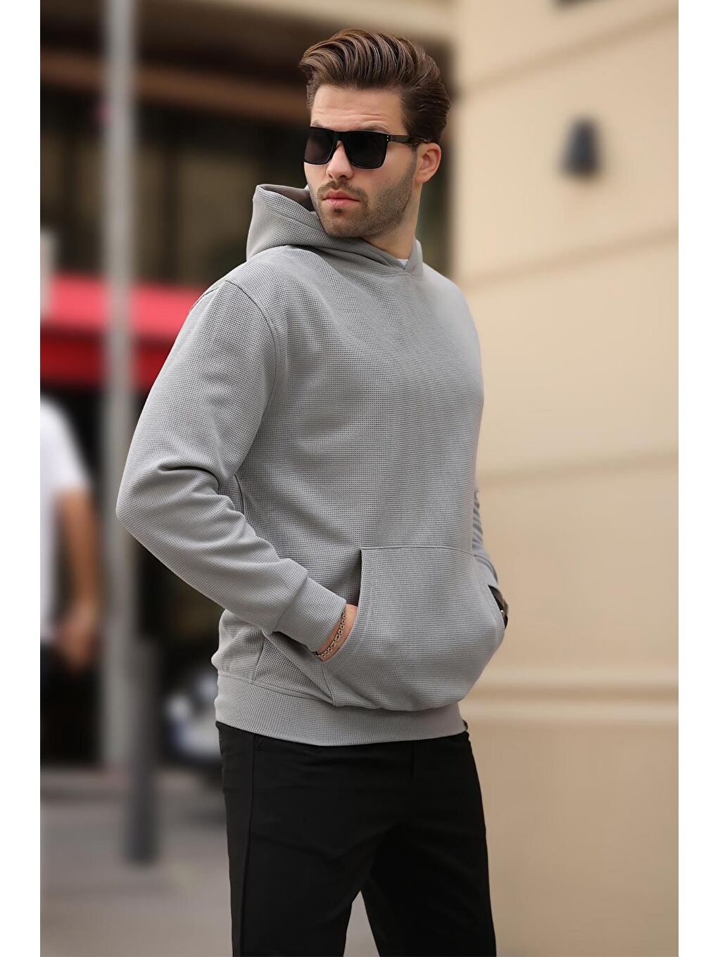 Madmext Gri Baskılı Boyalı Gri Kapüşonlu Cep Detaylı Sweatshirt  Hoodie - 1