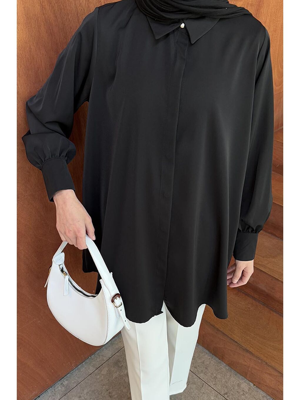 Gizli Düğme Detaylı Tesettür Tunik Siyah-2
