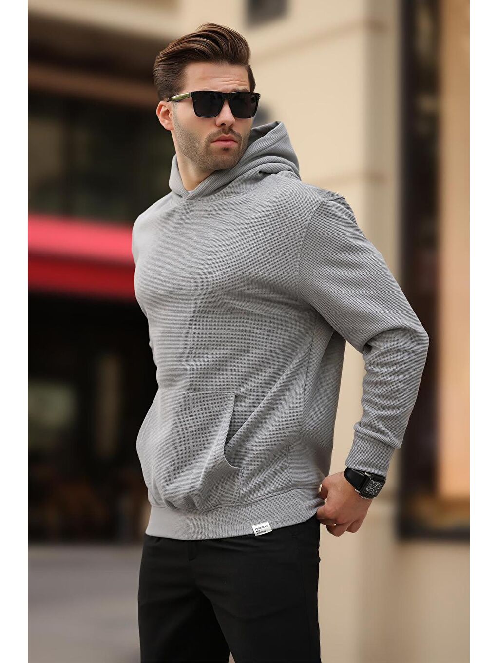 Madmext Gri Baskılı Boyalı Gri Kapüşonlu Cep Detaylı Sweatshirt  Hoodie - 2