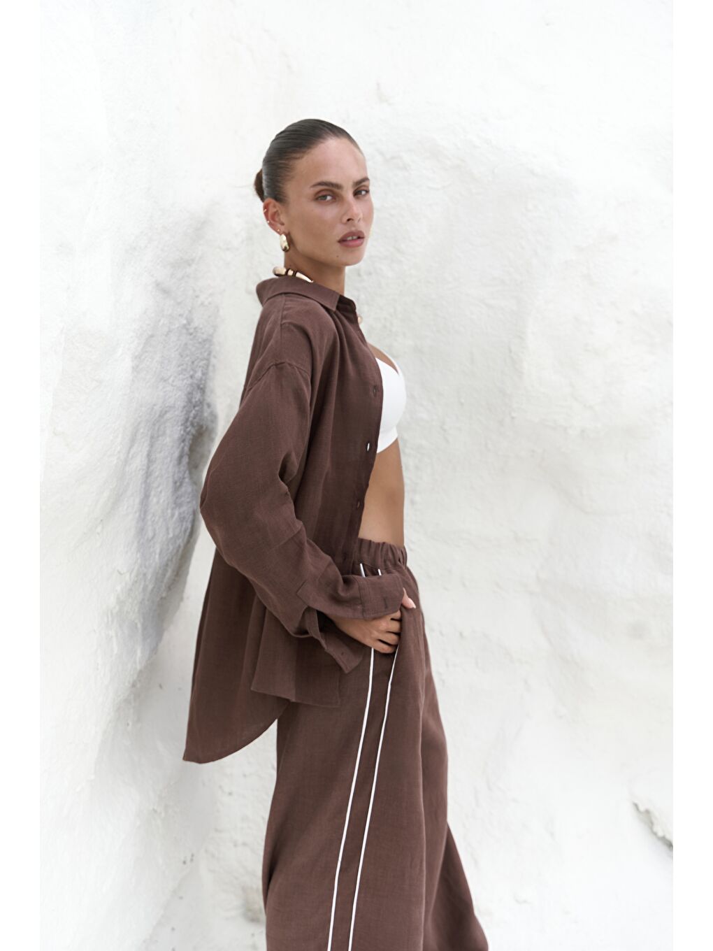 Kahverengi Orchidea Oversize Kahve Keten Gömlek Takım-2