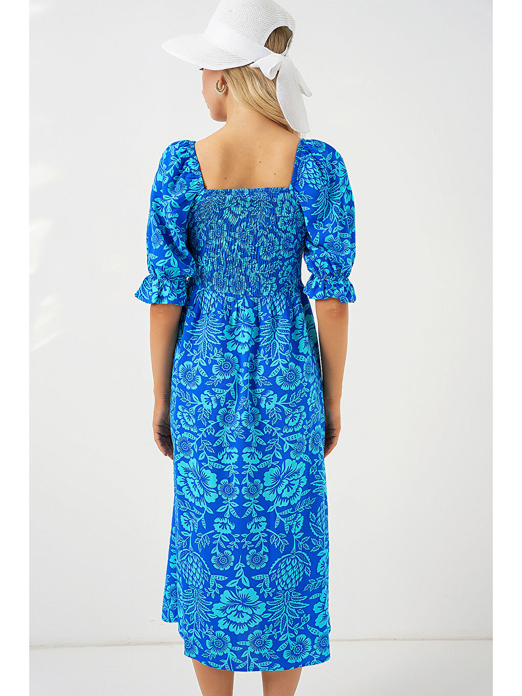 2512 Desenli Yırtmaçlı Elbise - Mavi-5