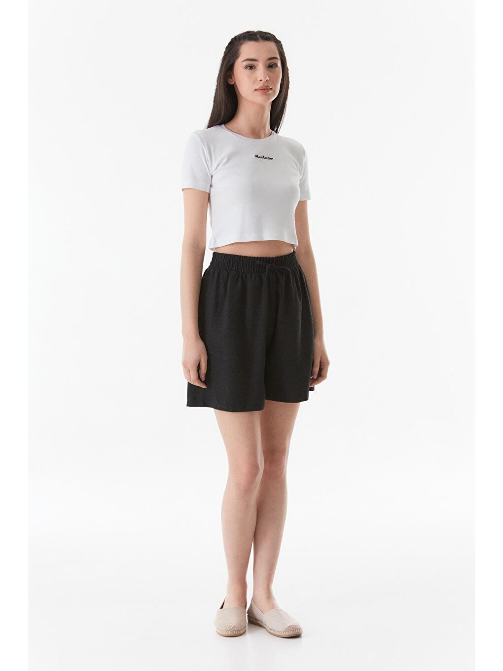 Siyah Basic Beli Lastikli Keten Şort