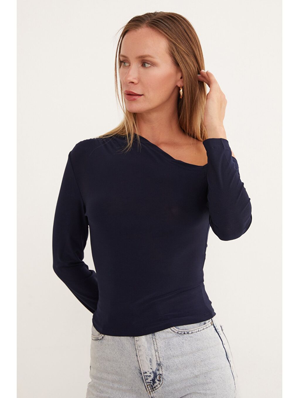 Lacivert Basic Tek Omuz Bluz-3