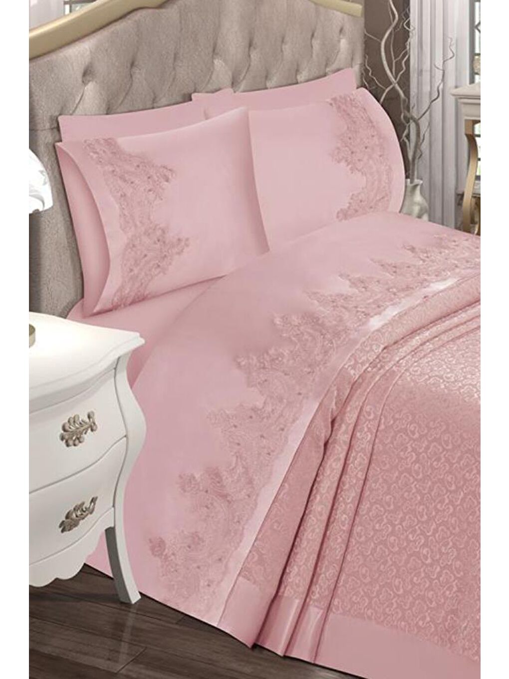 Pembe Çeyizdiyarı Paris 6 Parça Şönil Pike Takımı Pudra-1