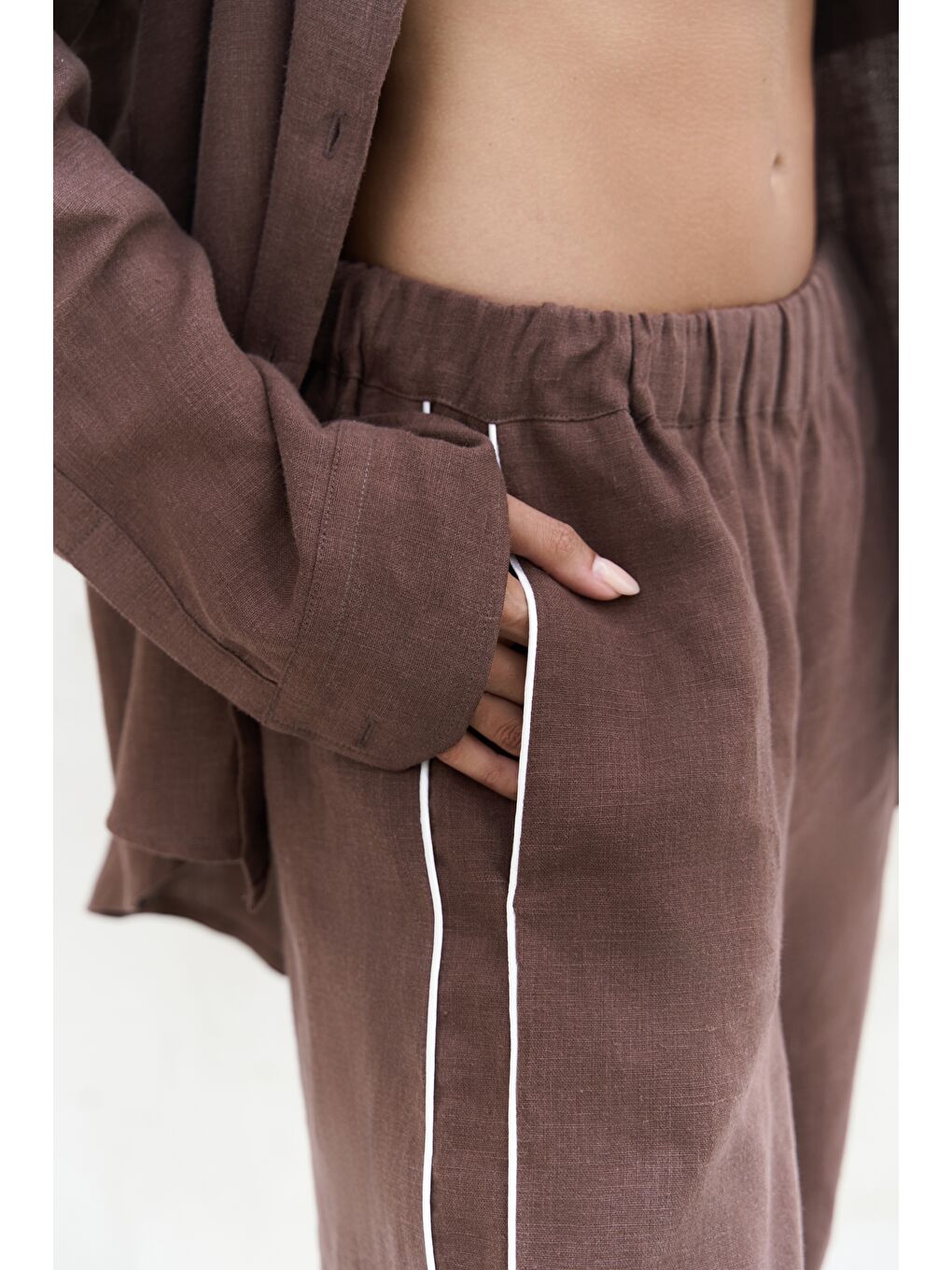 Kahverengi Orchidea Oversize Kahve Keten Gömlek Takım-3