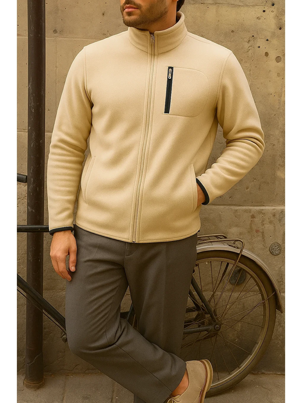 Ekru Erkek Kalın Fermuarlı Kışlık Günlük Krem Polar Ceket-3