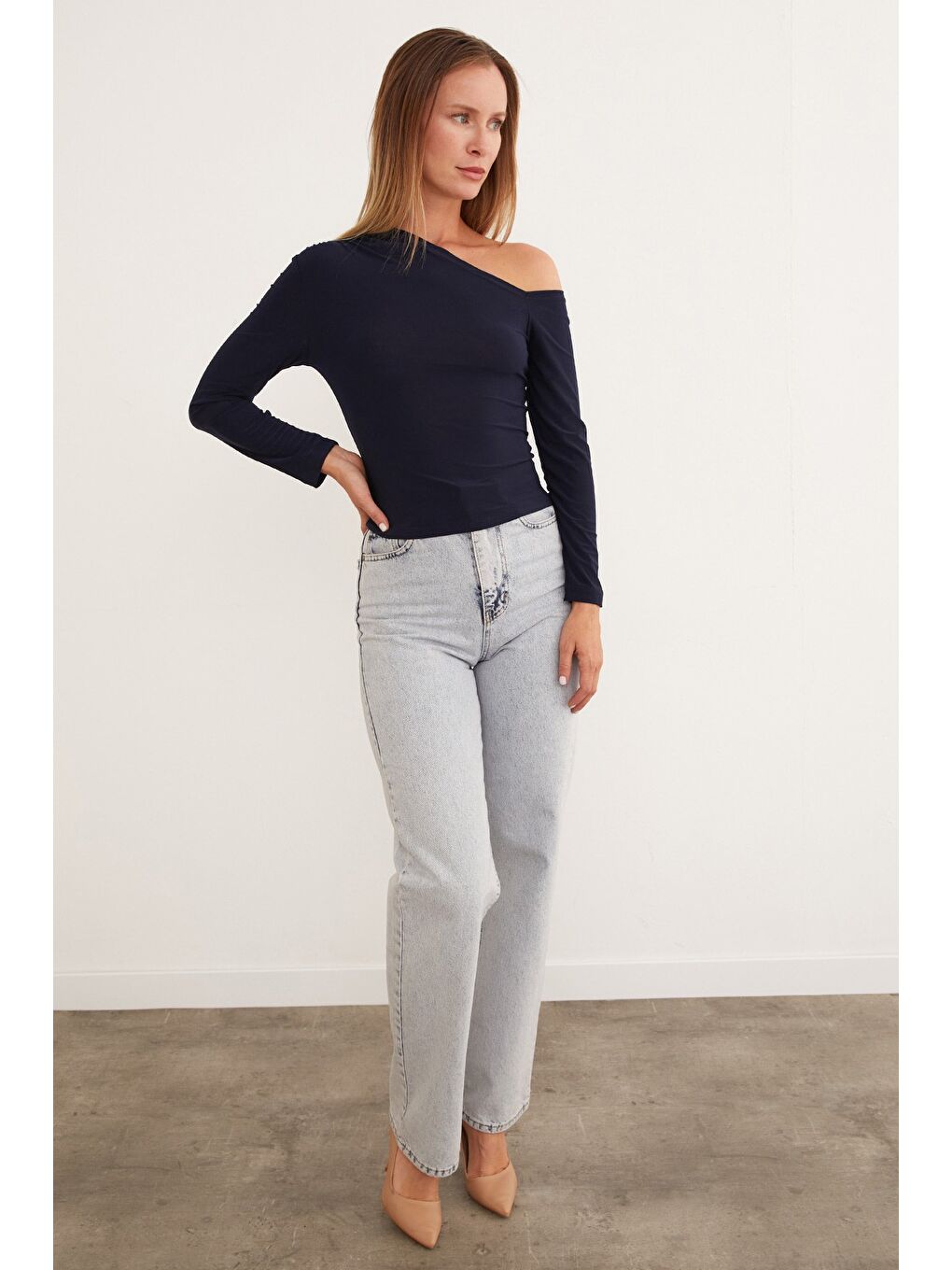 Lacivert Basic Tek Omuz Bluz-4