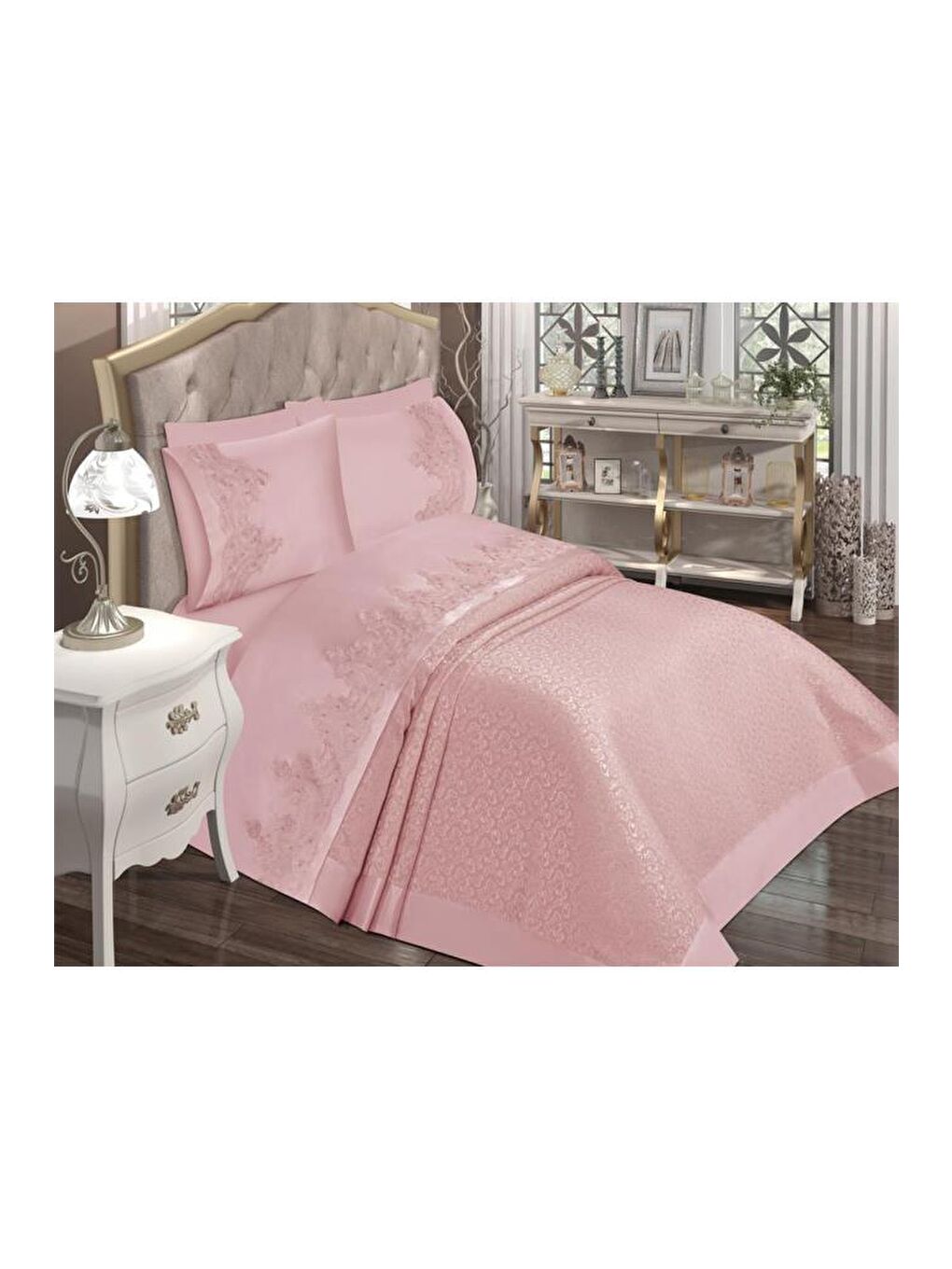 Pembe Çeyizdiyarı Paris 6 Parça Şönil Pike Takımı Pudra-2
