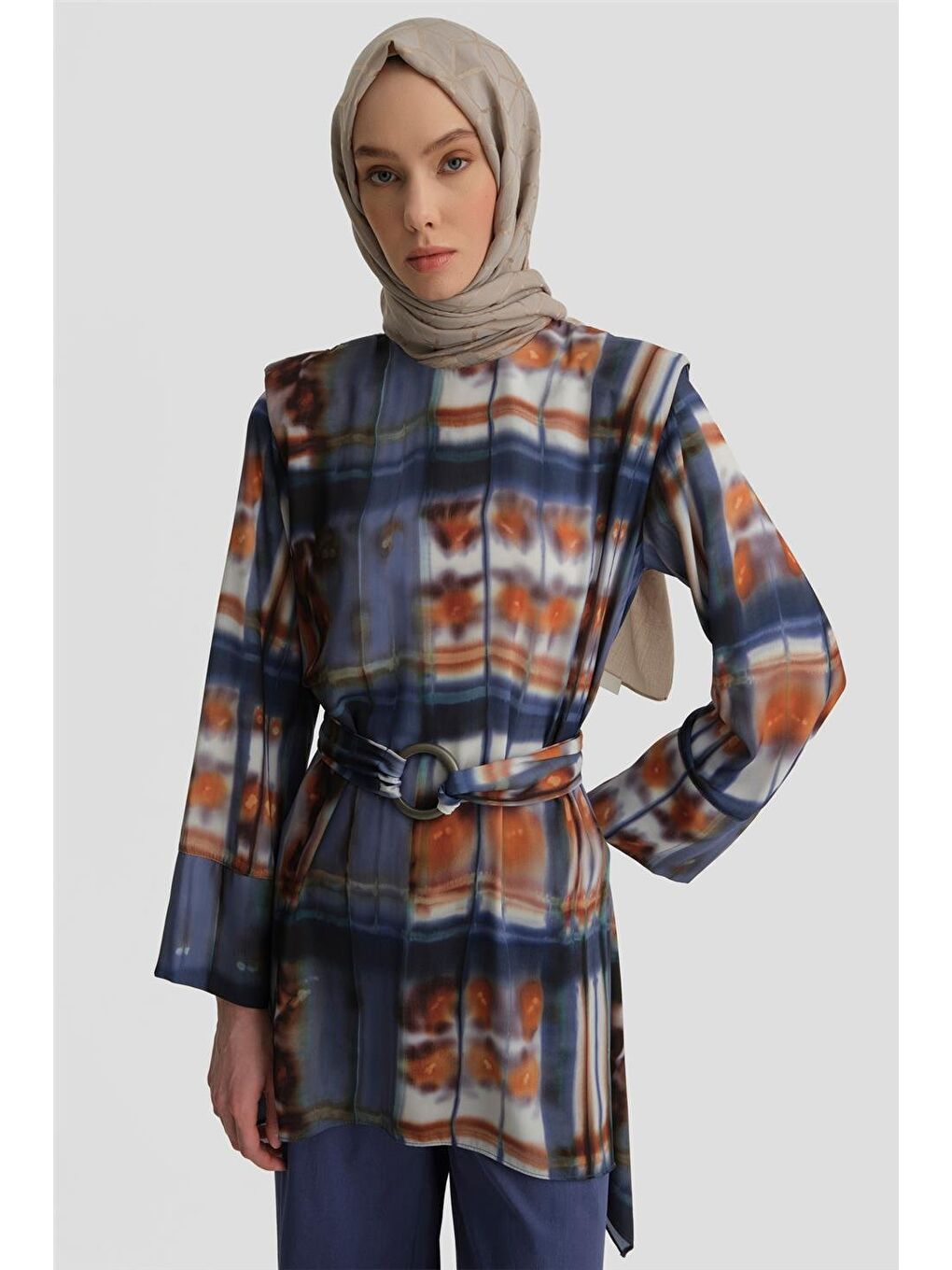 Mavi Asimetrik Vatkalı Tunik 25Y4602 Puslu Mor-3