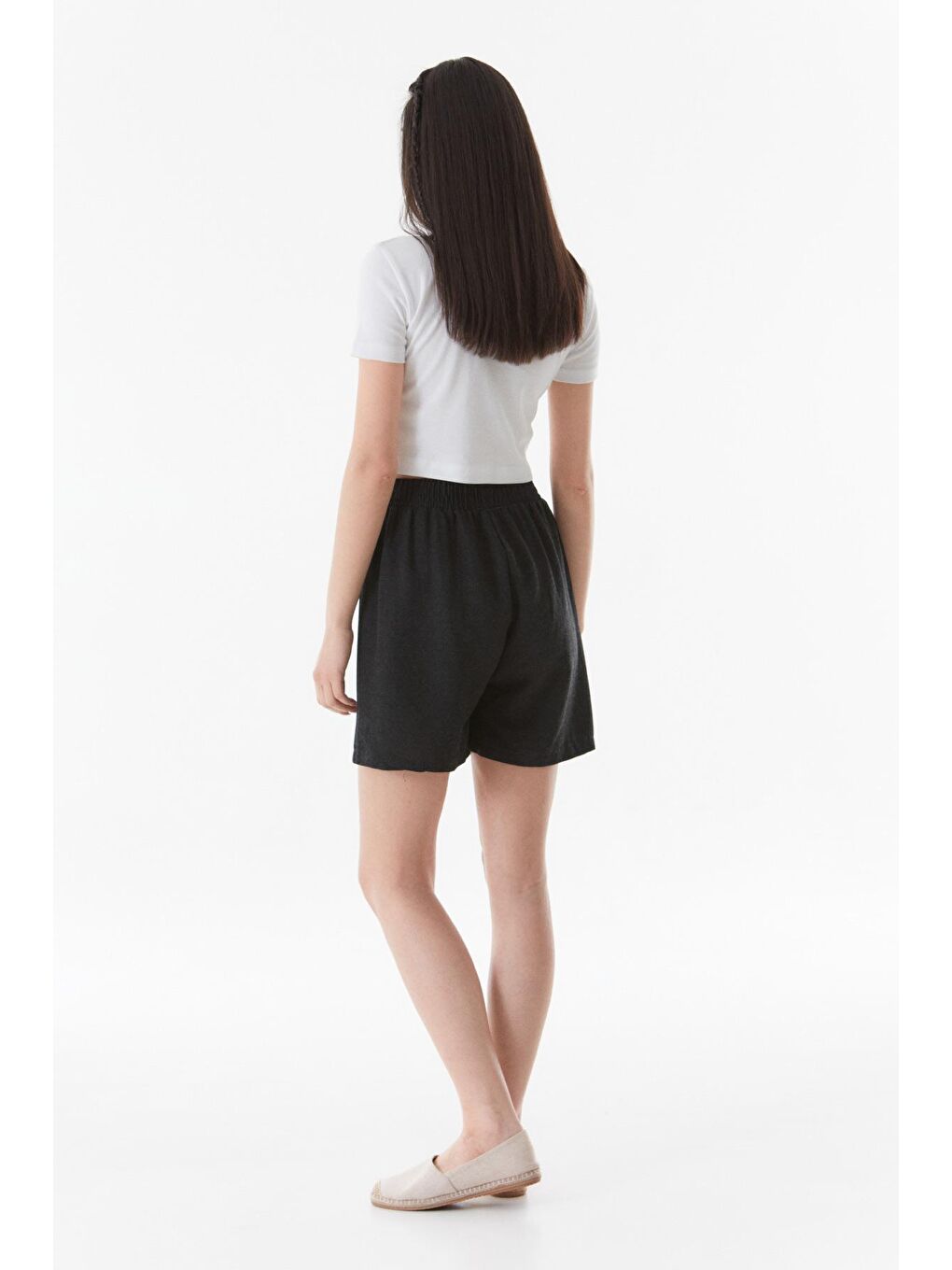 Siyah Basic Beli Lastikli Keten Şort-2