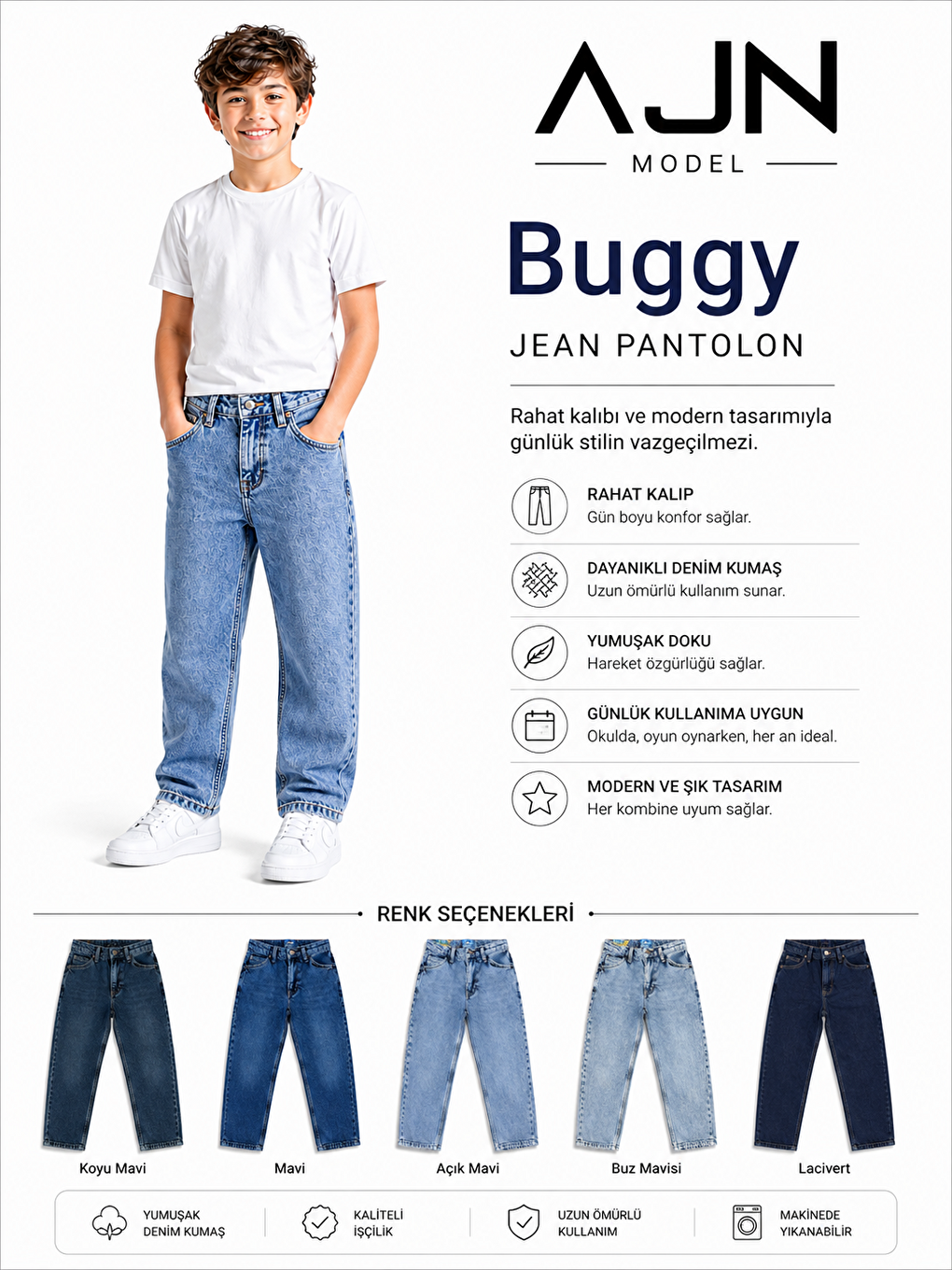 Lacivert Kids Baggy Fit Erkek Çocuk Jean Pantolon-1